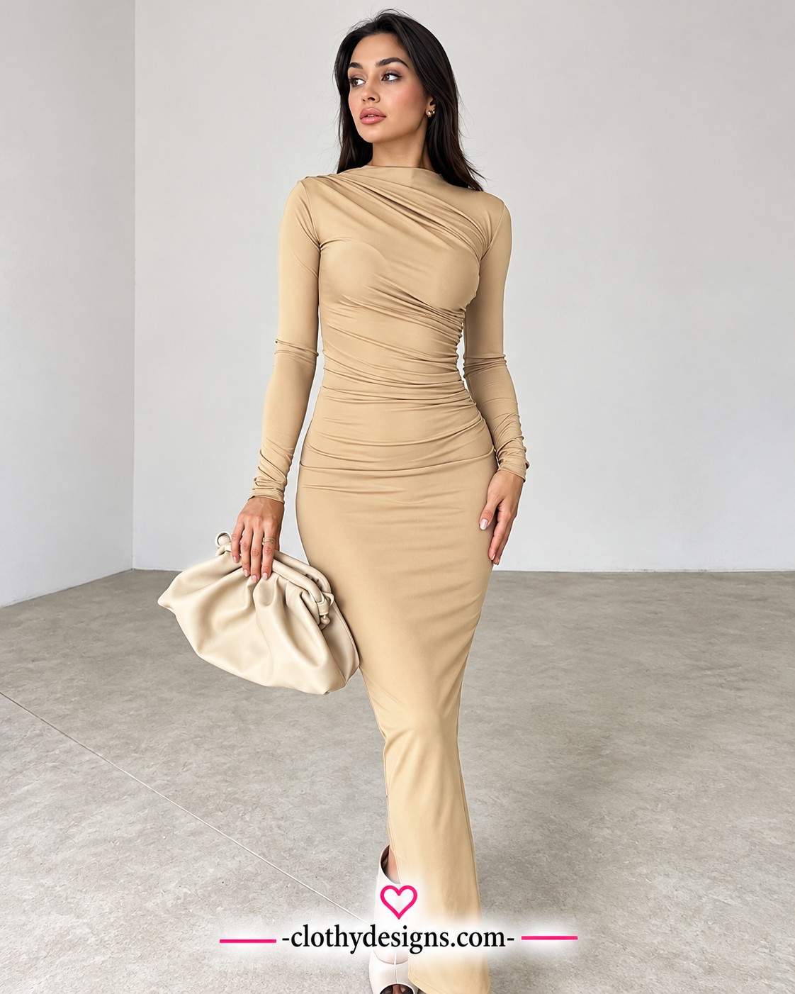 Women’s Elegant Ruched Bodycon Dress – Long Sleeve Autumn Party & Club Dress